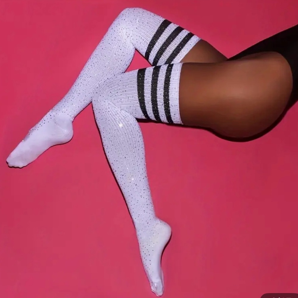 White and Black Striped Rhinestone Over-the-Knee Socks